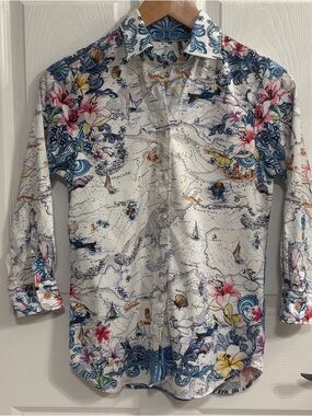 Robert Graham White Button-Down Shirt with Blue, Pink & Yellow Floral Map Print